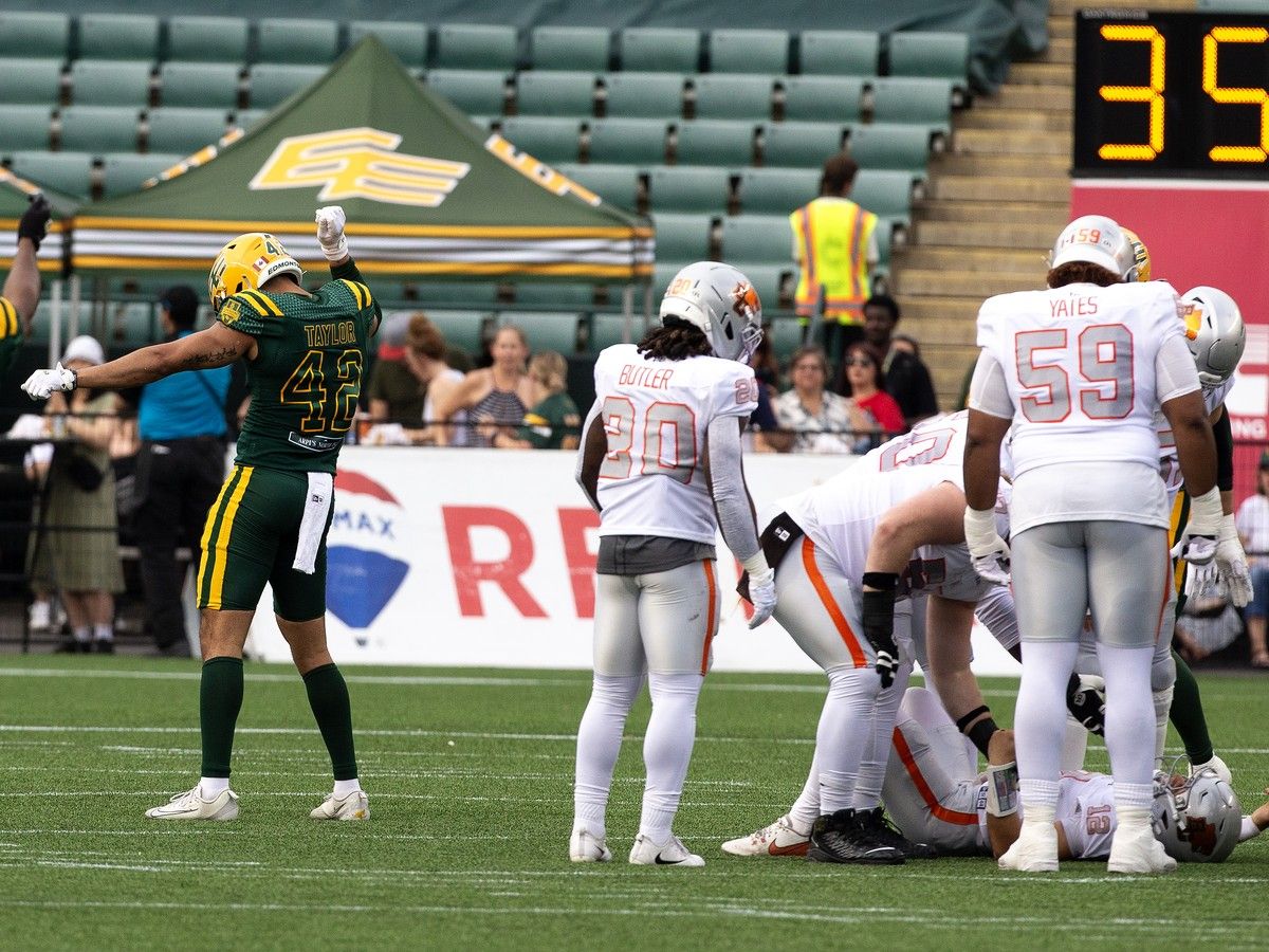 The Edmonton Elks' Noah Taylor (42) celebrates after tackeling battles the BC Lions' Nathan Rourke (12) during CFL action at Commonwealth Stadium, in Edmonton Friday July 17, 2026. Photo by David Bloom