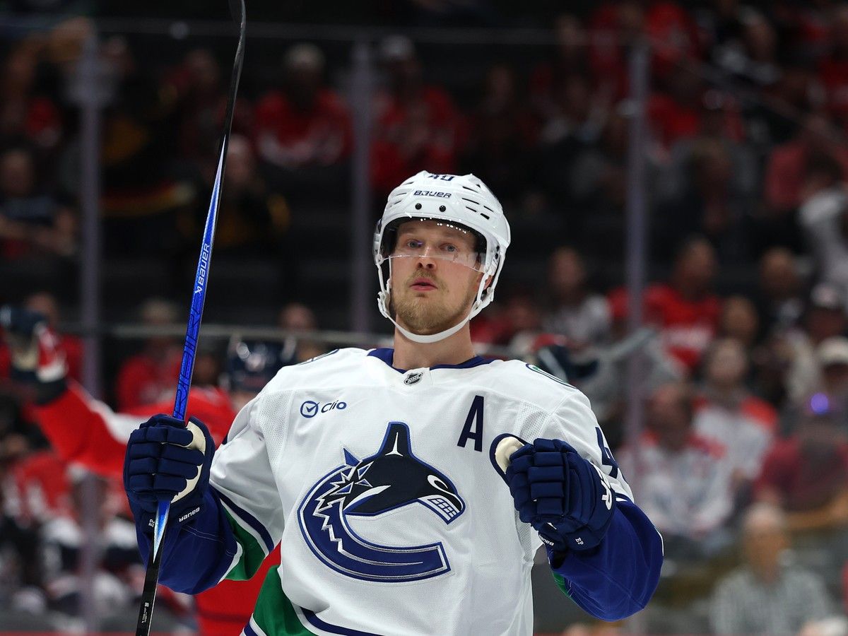 Vancouver Canucks centre Elias Pettersson celebrates his goal in opening minute of a 4-3 victory over the Capitals in Washington, D.C. on Oct. 25, 2025.