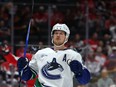 Vancouver Canucks centre Elias Pettersson celebrates his goal in opening minute of a 4-3 victory over the Capitals in Washington, D.C. on Oct. 25, 2025.