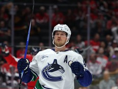 Vancouver Canucks centre Elias Pettersson celebrates his goal in opening minute of a 4-3 victory over the Capitals in Washington, D.C. on Oct. 25, 2025.