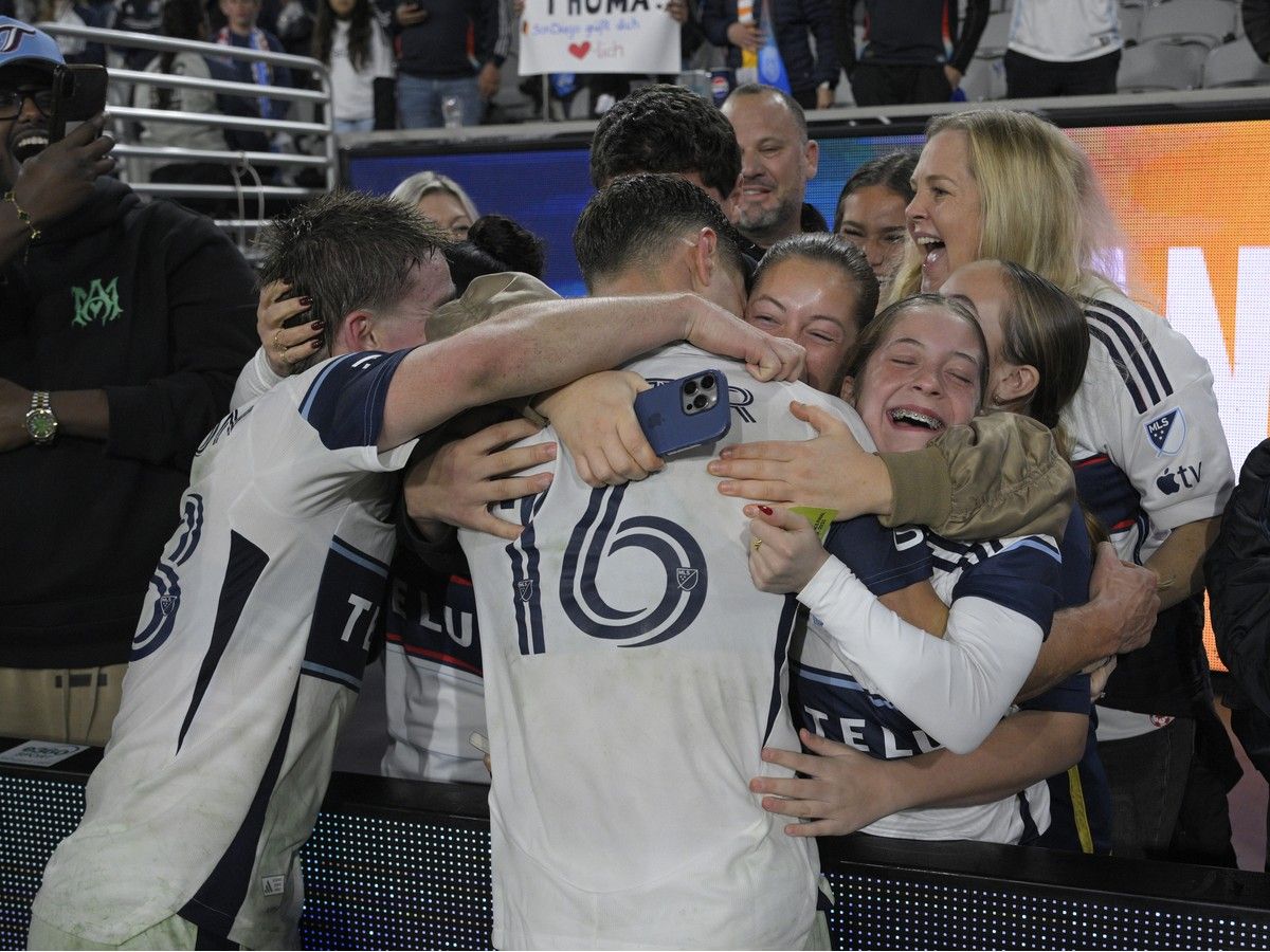 Sebastian Berhalter celebrates with family after winning the Audi 2025 MLS Cup western conference final match between San Diego and Vancouver on November 29, 2025.