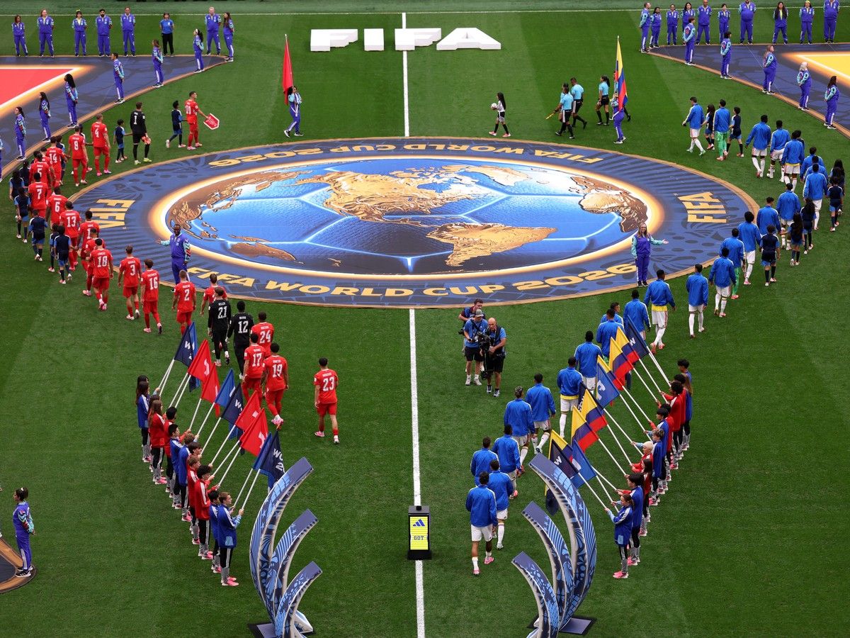 VANCOUVER, CANADA - JULY 07: Players and match officials walk into the pitch before the FIFA World Cup 2026 Round of 16 match between Switzerland and Colombia at BC Place Vancouver on July 07, 2026 in Vancouver, British Columbia, Canada.