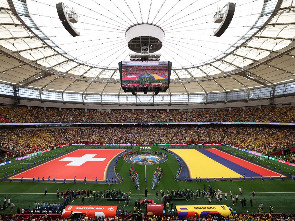 VANCOUVER, CANADA - JULY 07: Players and match officials line up before the FIFA World Cup 2026 Round of 16 match between Switzerland and Colombia at BC Place Vancouver on July 07, 2026 in Vancouver, British Columbia, Canada.