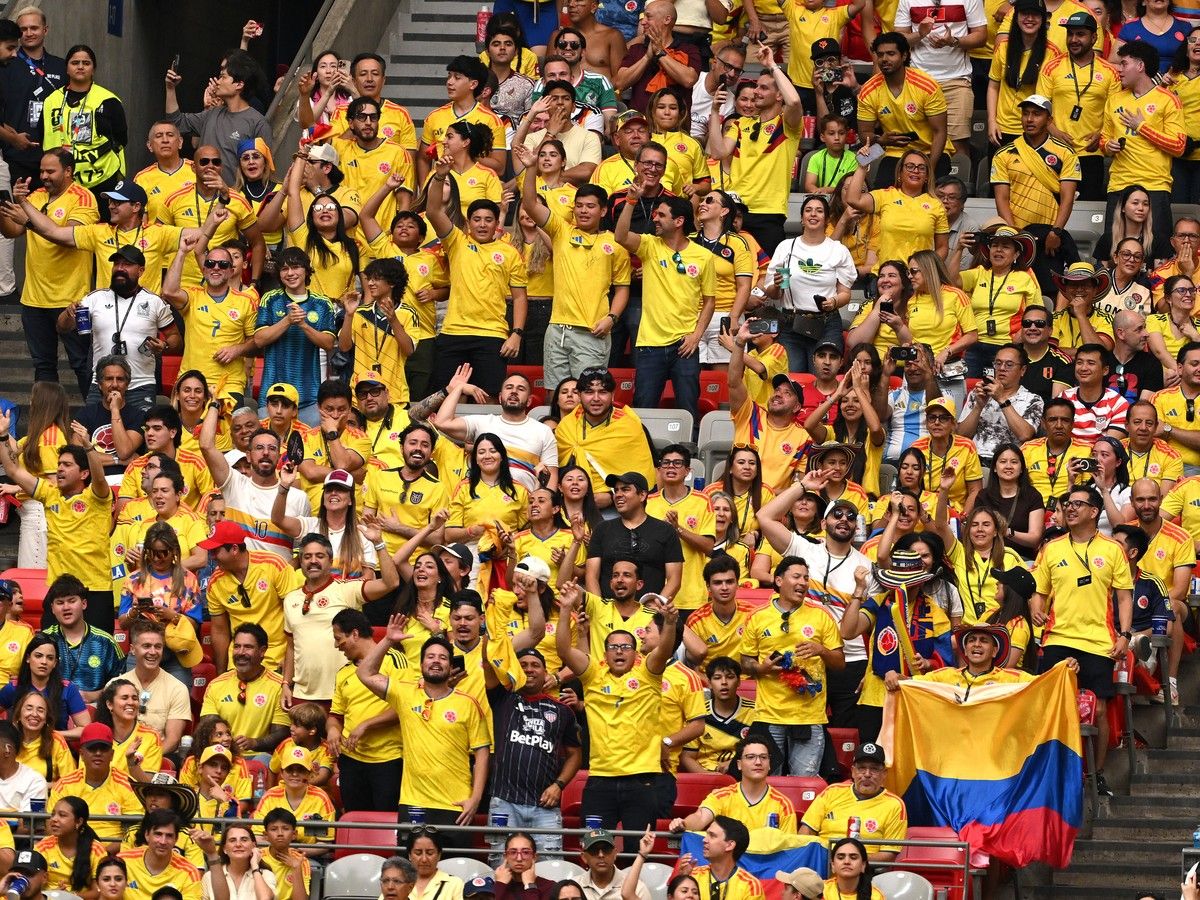 VANCOUVER, CANADA - JULY 07: Fan of Colombia show their support during the FIFA World Cup 2026 Round of 16 match between Switzerland and Colombia at BC Place Vancouver on July 07, 2026 in Vancouver, British Columbia, Canada.