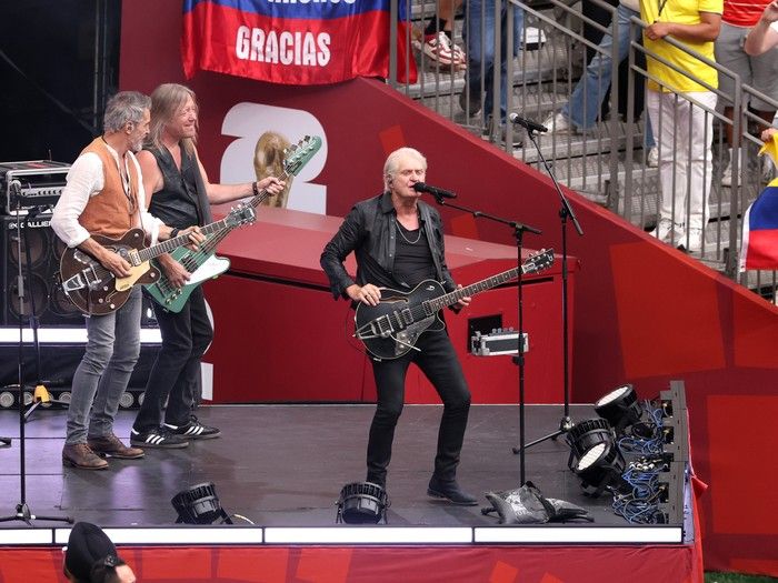 VANCOUVER, CANADA - JULY 07: Tom Cochrane (R) performs at half time during the FIFA World Cup 2026 Round of 16 match between Switzerland and Colombia at BC Place Vancouver on July 07, 2026 in Vancouver, British Columbia, Canada.