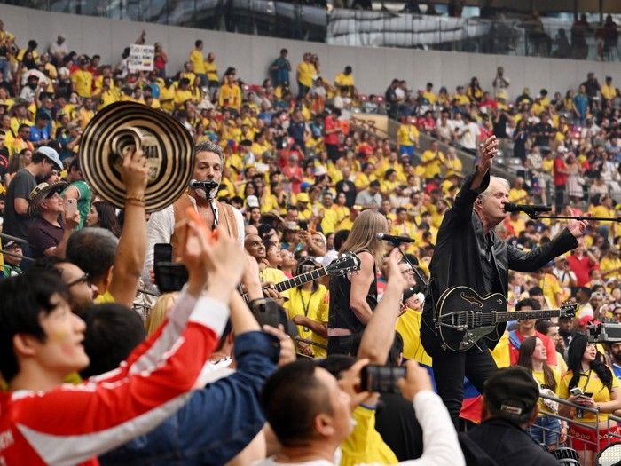 VANCOUVER, CANADA - JULY 07: Tom Cochrane (R) performs at half time during the FIFA World Cup 2026 Round of 16 match between Switzerland and Colombia at BC Place Vancouver on July 07, 2026 in Vancouver, British Columbia, Canada.