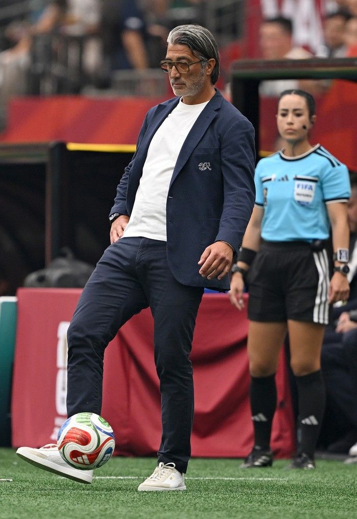 VANCOUVER, CANADA - JULY 07: Murat Yakin, Head Coach of Switzerland, controls the ball during the FIFA World Cup 2026 Round of 16 match between Switzerland and Colombia at BC Place Vancouver on July 07, 2026 in Vancouver, British Columbia, Canada.