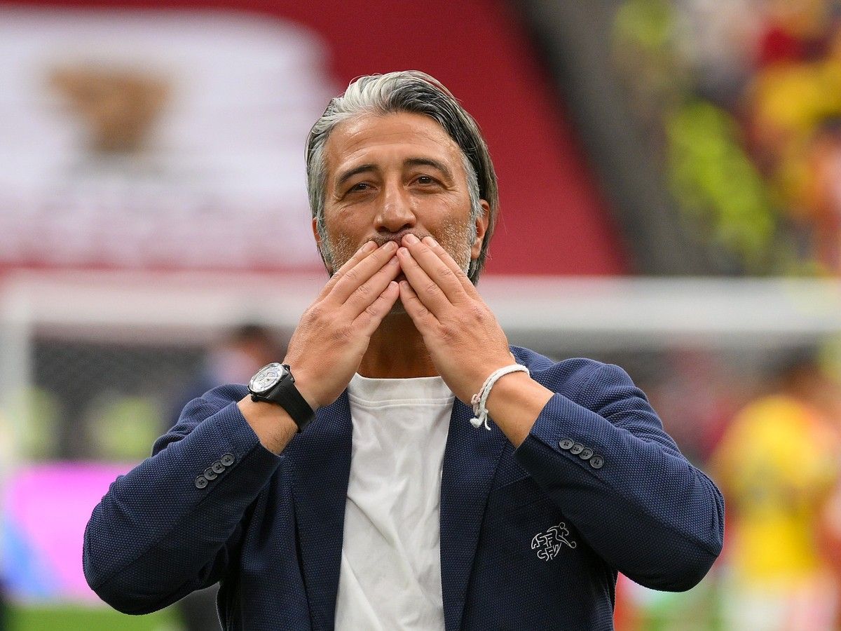 Murat Yakin, Head Coach of Switzerland, celebrates after the penalty shootout victory over Colombia during the World Cup round of 16 match at B.C. Place on Tuesday