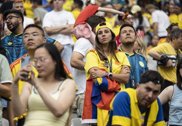 Dejected Colombia fans after their loss to Switzerland in Vancouver during the FIFA World Cup 2026 elimination round Tuesday, July 7, 2026.