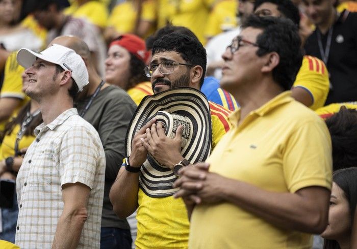 Dejected Colombia fans after their loss to Switzerland in Vancouver during the FIFA World Cup 2026 elimination round Tuesday, July 7, 2026.