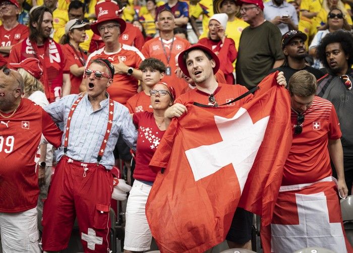 Switzerland fans celebrate after their team's victory over Colombia in Vancouver during the FIFA World Cup 2026 elimination round Tuesday, July 7, 2026.