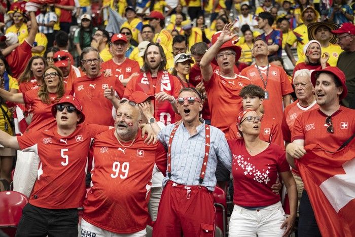 Switzerland fans celebrate after their team's victory over Colombia in Vancouver during the FIFA World Cup 2026 elimination round Tuesday, July 7, 2026.