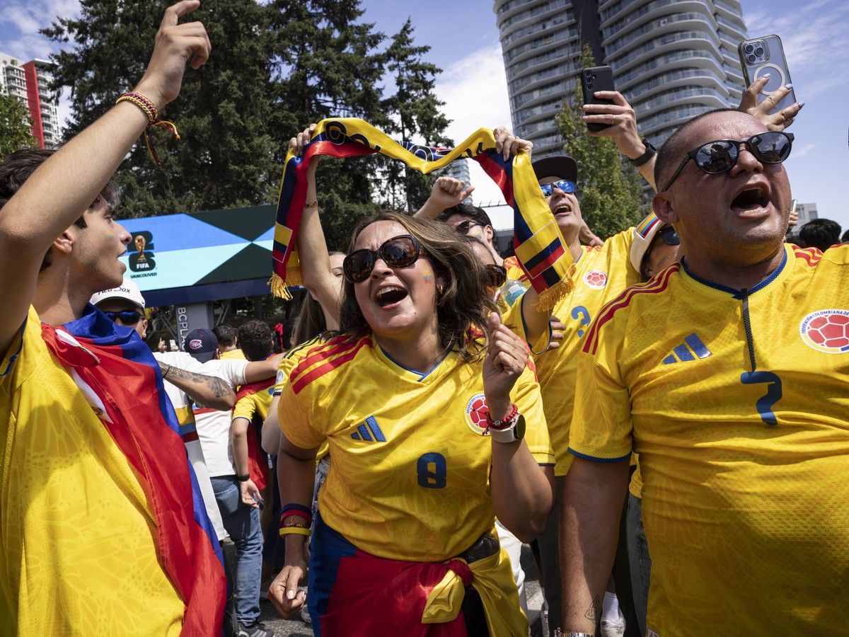 Colombia fans take to the streets around B.C. Place in anticipation of a World Cup round of 16 elimination match between Switzerland and Colombia.