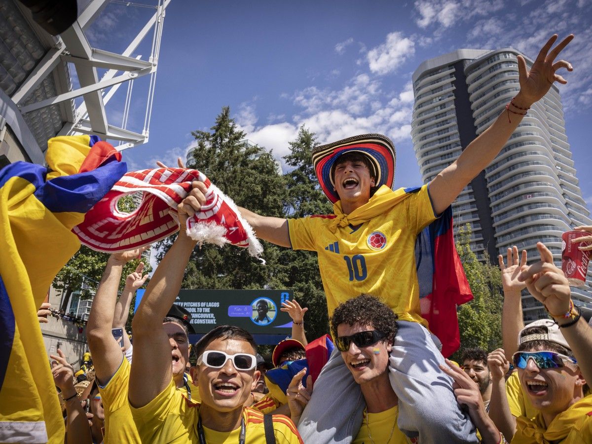 Colombia fans take to the streets around B.C. Place in anticipation of a World Cup round of 16 elimination match between Switzerland and Colombia.
