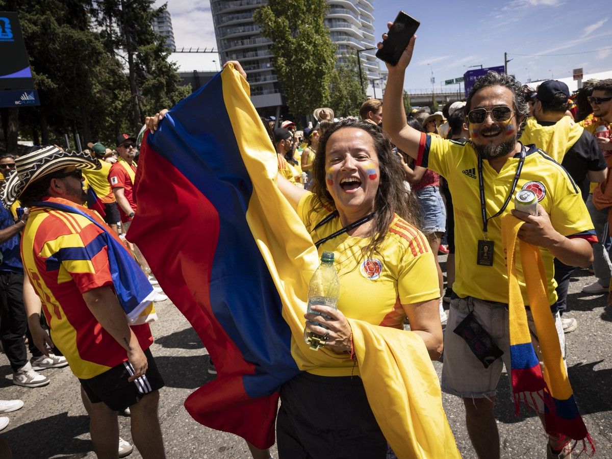 Colombia fans take to the streets around B.C. Place in anticipation of a World Cup round of 16 elimination match between Switzerland and Colombia.