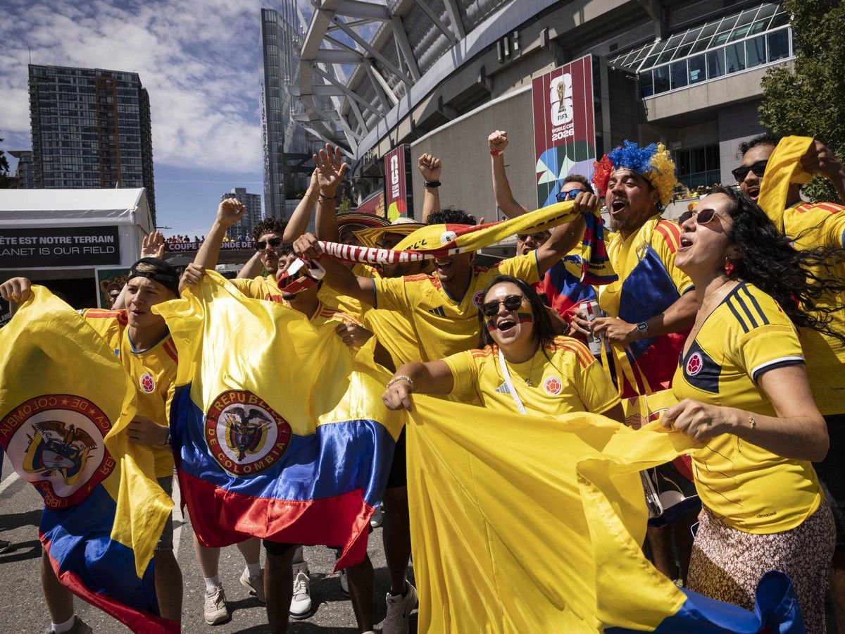 Colombia fans take to the streets around B.C. Place Stadium in anticipation of a World Cup round of 16 elimination match between Switzerland and Colombia.
