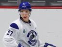 Caleb Malhotra wore #27 on the ice during Vancover Canucks development camp at Rogers Forum in Abbotsford on June 29, 2026.