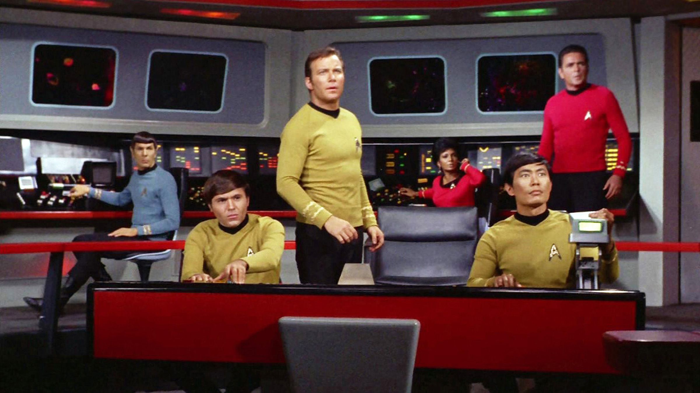 LOS ANGELES - SEPTEMBER 20: Leonard Nimoy as Mr. Spock, Walter Koenig as Pavel Chekov, William Shatner as Captain James T. Kirk, Nichelle Nichols as Uhura, George Takei as Hikaru Sulu and James Doohan as Montgomery "Scotty" Scott on the bridge of the Starship Enterprise in the STAR TREK episode, "Spock's Brain." Original airdate, September 20, 1968. Season 3, episode 1. Image is a screen grab. (Photo by CBS via Getty Images)