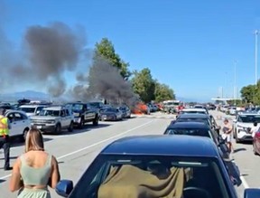 A vehicle fire at the B.C. Ferries terminal in Tsawwassen, seen in a screen grab taken from a video, led to delays on some routes on Friday, July 31, 2026. COURTESY MATTHEW WARD