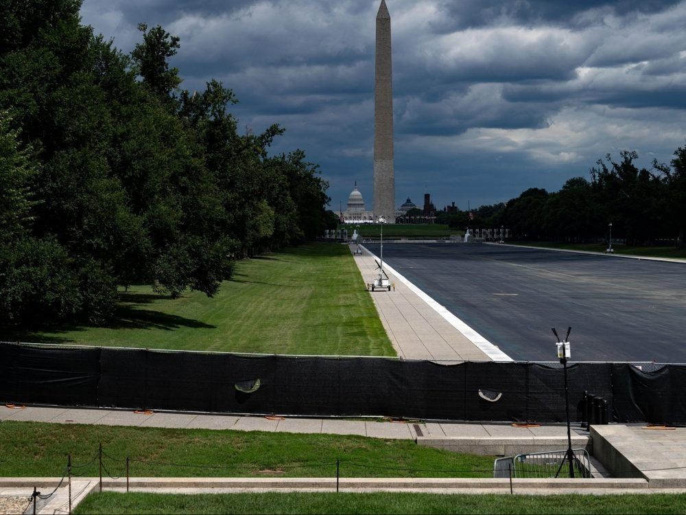 The drained Lincoln Memorial Reflecting Pool and its surrounding walkways are seen empty and fenced in on the National Mall in Washington, DC on July 30, 2026.