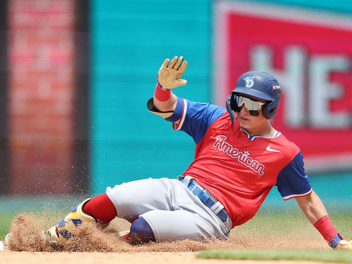 Toronto Blue Jays prospect JoJo Parker slides into second base after hitting an RBI double in the seventh inning during the 2026 MLB Futures Game at Citizens Bank Park on July 12, 2026 in Philadelphia.