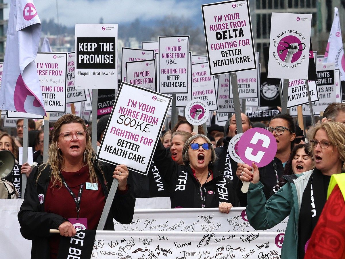 Nurses from around B.C. held a rally in February 2025 demanding the provincial government and health authorities address chronic and escalating issues such as workplace violence, unsafe working conditions and critical staffing shortages.
