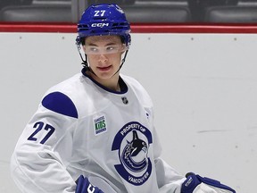 Caleb Malhotra on the ice during the Vancover Canucks' development camp at Rogers Forum in Abbotsford on June 29, 2026.