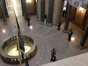 Premier Brad Wall, Health Minister Dustin Duncan and MLAs Gene Makowsky and Warren Steinley play catch in the Legislative Building's rotunda in the week leading up to the Grey Cup game in Regina.