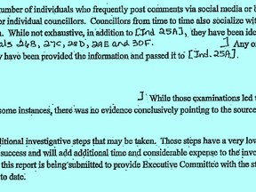 This excerpt from a report on the investigation into a city hall leak shows how much has been removed from the record made public.
