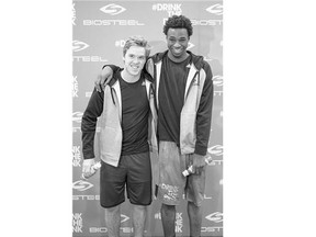 2015 first overall NHL draft pick Connor McDavid, left, and 2015 NBA Rookie of the Year Andrew Wiggins. The pair announced a deal with BioSteel sports drink Tuesday.