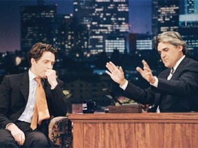 Actor Hugh Grant, left, during an interview with host Jay Leno on The Tonight Show, two weeks after Grant’s highly publicized arrest for picking up a prostitute.