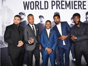 L-R: Actors O’Shea Jackson Jr., Corey Hawkins, Jason Mitchell, Marlon Yates Jr. and Aldis Hodge attend the Universal Pictures and Legendary Pictures’ premiere of “Straight Outta Compton” at Microsoft Theatre on August 10, 2015 in Los Angeles, California.