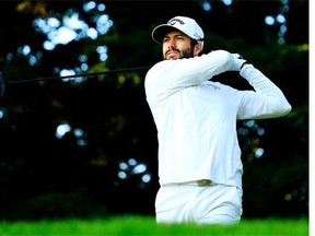 Adam Hadwin of Canada plays his shot from the 11th tee during round two of the RBC Canadian Open on July 24, 2015 at Glen Abbey Golf Club in Oakville, Ont.