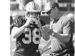 Adam Konar, left, pictured this week at the Edmonton Eskimos practice at Fuhr Sports Park in Spruce Grove, is impressing with his pre-season performance and attitude.