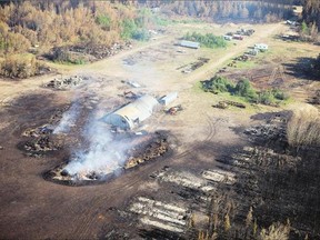 An aerial view of a mill that was destroyed by fires near Weyakwinon, 285 kilometres north of Saskatoon, Wednesday.