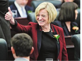 Alberta Premier Rachel Notley gives a thumbs up to the crowd before the speech from the throne in Edmonton.