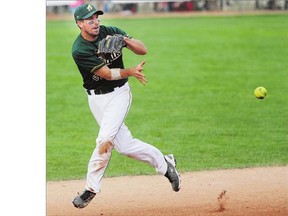 Australian infielder Nick Shailes fires to first base in action against Canada at the 14th Men's World Softball Championship on Friday in Saskatoon.