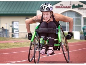 Becky Richter, a para-athlete, is training for the Parapan Am Games this summer. Here she works on her technique in the club throw. (GORD WALDNER/The StarPhoenix)