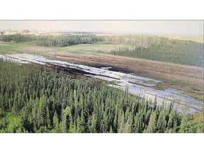 Bitumen from a pipeline spill covers an area of about 16,000 square metres near the Long Lake oilsands operation south of Fort McMurray.