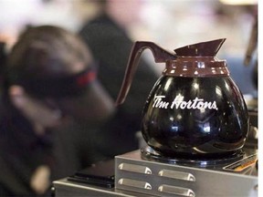 Freshly-brewed coffee sits on a hot plate in a Tim Hortons outlet in Oakville, Ont. on Sept.16, 2013. ecutives at Tim Hortons are reconsidering whether it's worth the risk of flavouring your coffee break with potential controversy. After the restaurant chain was dragged into a clash between environmentalists and oil industry supporters last month, Daniel Schwartz, CEO of Tim Hortons' parent company Restaurant Brands, said Monday the company is reviewing its Tims TV in-store digital screens. THE CANADIAN PRESS/Chris Young