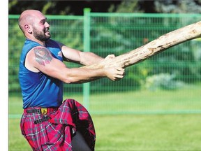 The caber toss during the Highland Games at Diefenbaker Park on Saturday is one of many focused on demonstrating feats of strength among men.