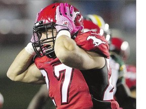 Calgary Stampeders Jeff Hecht reacts to the Edmonton Eskimos intercepting a pass during their game at McMahon Stadium in Calgary on Saturday. The Eskimos won the game 15-11 as well as the season series and now own the tiebreaker for first in the West Division.