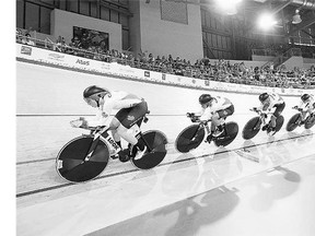 Canada's Allison Beveridge, Laura Brown, Jasmin Glaesser, and Kirsti Lay race their way to a gold medal in the women's team pursuit final at the Pan Am Games in Milton, Ont.