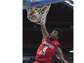 Canada's Andrew Wiggins scores two of his 18 points against Uruguay during Canada's convincing 109-82 win at the FIBA Americas Championship in Mexico City on Monday.