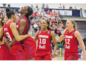 Canada celebrates a basket against Cuba during the first half of the 2015 FIBA Americas women's championship final in Edmonton on Sunday. Canada beat Cuba 82-66.