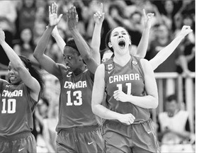 Canada forward Natalie Achonwa (11) reacts with her teammates after defeating the United States to win the gold medal at the Pan American Games.