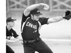 Canada's Sean Cleary winds up for a pitch against Argentina in their WBSC Men's World Softball Championship match on Tuesday in Saskatoon.