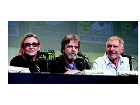 Carrie Fisher, left, Mark Hamill and Harrison Ford, appeared at Comic-Con, along with several other members of the cast and creative team behind Star Wars: The Force Awakens, which is slated to make its debut in December.