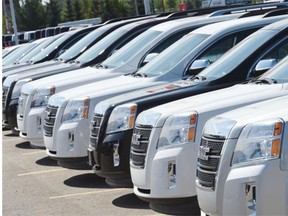 SUVs on the lot at Capital GMC Buick Cadillac in Regina on August 17, 2015. After three months of year-over-year declines, new motor vehicle sales were up in Saskatchewan by 1.7 per cent to 5,068 in June, compared with June 2014. (DON HEALY/Regina Leader-Post)