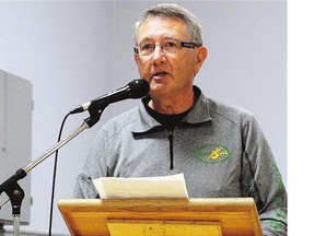 Chef de Mission Lorne Lasuita speaks at the introduction of Team Saskatchewan for the Western Canada Summer Games.